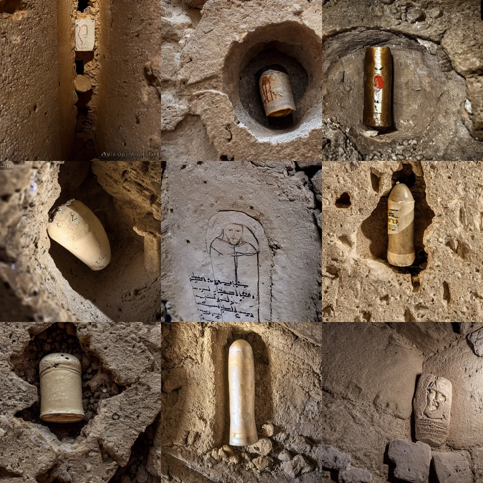 Prompt: Photography of an acient capsule found in a wall in Betlehem, contains an old scroll revealing the true story of Jesus