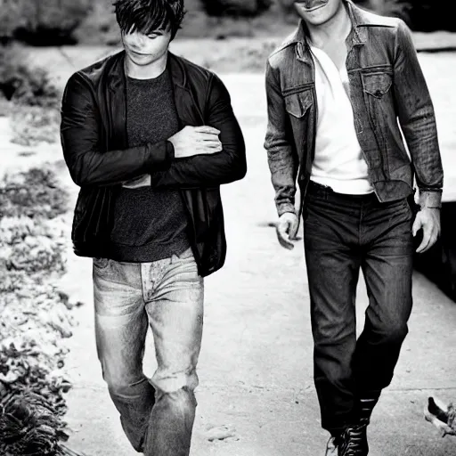 Image similar to zac efron and john stamos as father and son, vogue magazine, dramatic light, photoshoot,