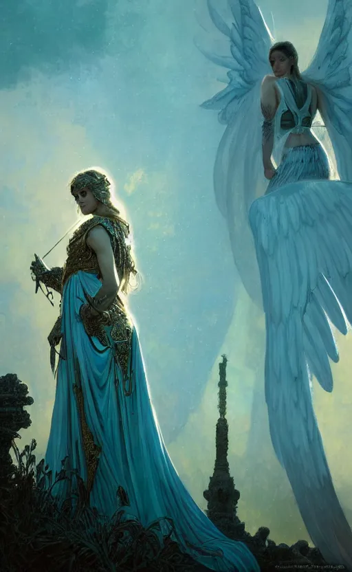 Prompt: angel, big wings, low key light, full plate armor with cloth, f 2. 8, bokeh, medium portrait, gentle, female, ornate city ruins, landscape, d & d, fantasy, intricate, elegant, highly detailed, teal white gold color palette, roger deakins, sharp focus, greg rutkowski and alphonse mucha