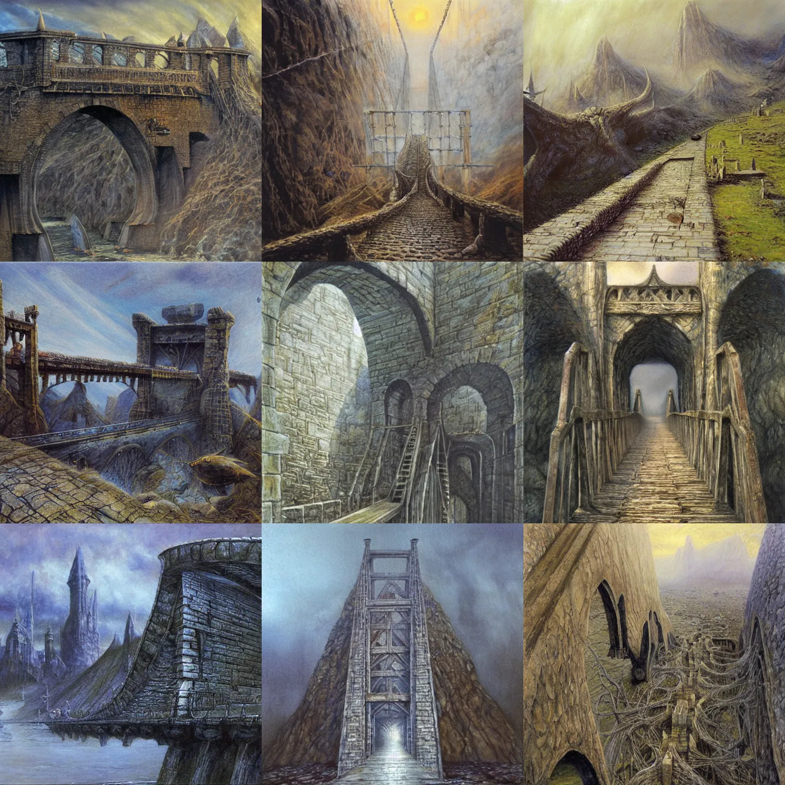 Prompt: the bridge of khazad dum, by alan lee, oil painting.