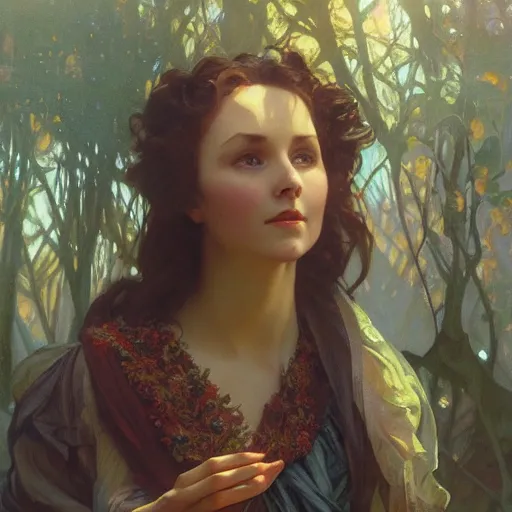 Image similar to a beautiful closeup portrait of a young vivian leigh casting a spell, forest background, serene colors, dramatic light, gorgeous view, depth, high detail, digital art, painted by alphonse mucha and greg rutkowski, trending on artstation