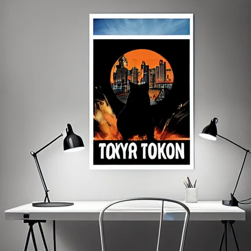 Image similar to giant evil cat destroys tokyo, poster