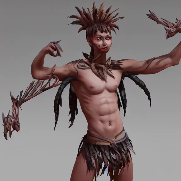 Prompt: 3 d render of a cute tribal anime boy in a loincloth, body paint, lithe, fantasy artwork, fluffy hair, mid - shot, award winning, hyper detailed, very very very beautiful, studio lighting, artstation, unreal engine, unreal 5, 4 k, octane renderer