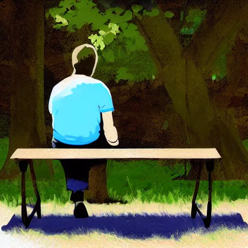 Image similar to a man sitting on a bench in the park writing in his notebook, a guitar is next to him on his bench, digital art