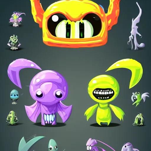 Prompt: alien monsters game assets in kawaii style