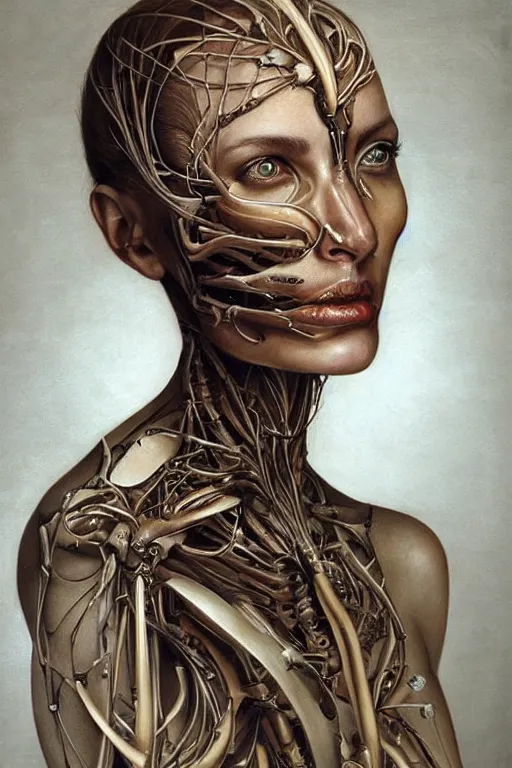 Image similar to beautiful portrait of biomechanical being by marco mazzoni, vanessa beecrof, remnev andrey, detailed, realistic skin color