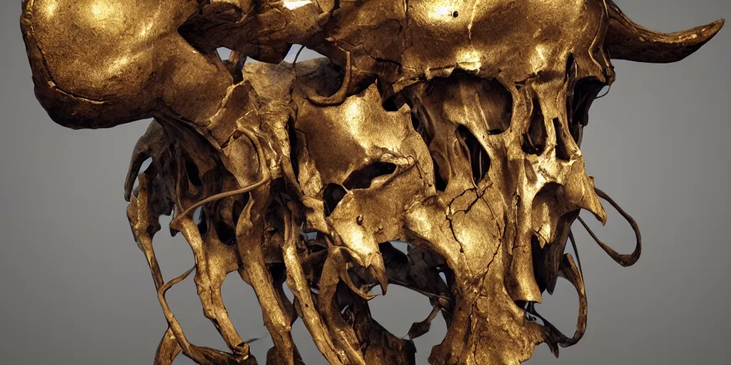 Image similar to photorealistic strange sculpture made of ram skulls, horse skulls, goat skulls. occult photorealism, uhd, amazing depth, glowing, golden ratio, 3 d octane cycle unreal engine 5, volumetric lighting, cinematic lighting, cgstation artstation concept art