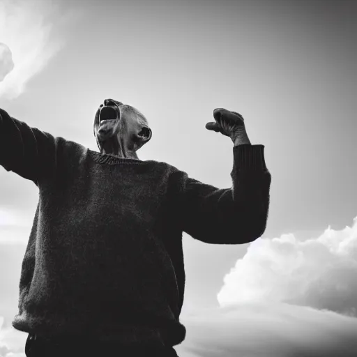 Image similar to portrait of an elderly man screaming at a cloud, ☁, canon eos r 3, f / 1. 4, iso 2 0 0, 1 / 1 6 0 s, 8 k, raw, unedited, symmetrical balance, wide angle