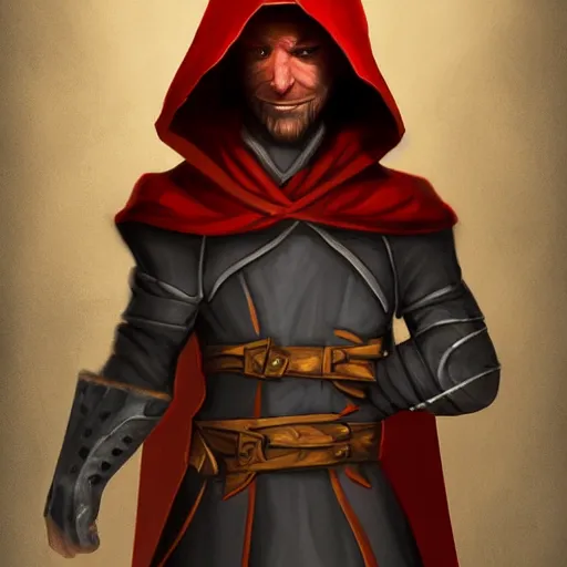 Prompt: rogue d & d thief, white male with horns and red stubble, hood, dagger, artstation, greg rutowski