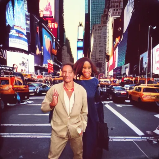 Prompt: polaroid photo of anthony cumia in times square with black woman cinestill, 8 0 0 t, 3 5 mm, full - hd