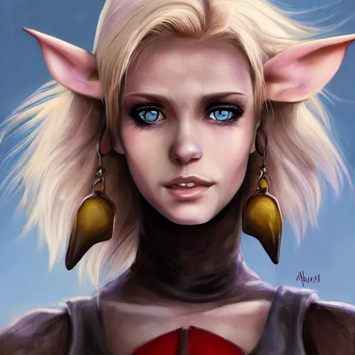 Image similar to close up headshot of a skinny female high-fantasy elf with a long face narrow chin and short spiky blonde hair wearing dark brown overalls and holding a bomb next to a destroyed car, gel spiked blond hair, small ears, narrow lips, high resolution film still, HDR color, painting by artgerm