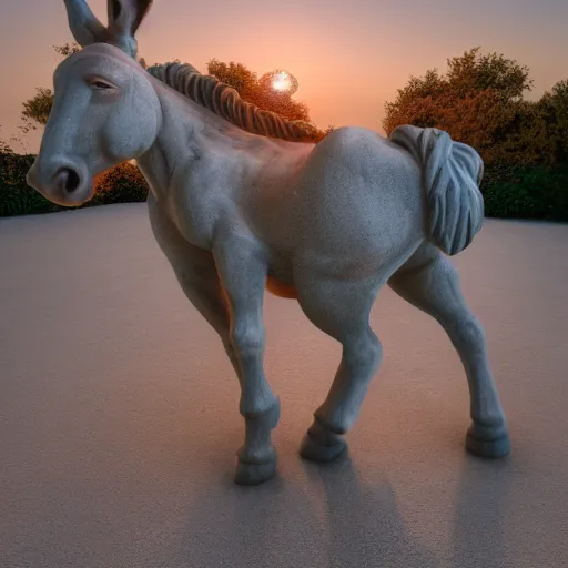 Prompt: A marble statue of a donkey, hyper-realistic, 8K HDR, sunset.