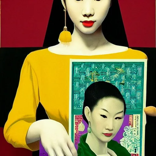 Prompt: a young and beautiful Asian woman holding up 2 pieces of Chinese Mahjong, painted by Kerry James Marshall and Vermeer, cinematic style of Wong Kar Wei, Stanley Kubricks.