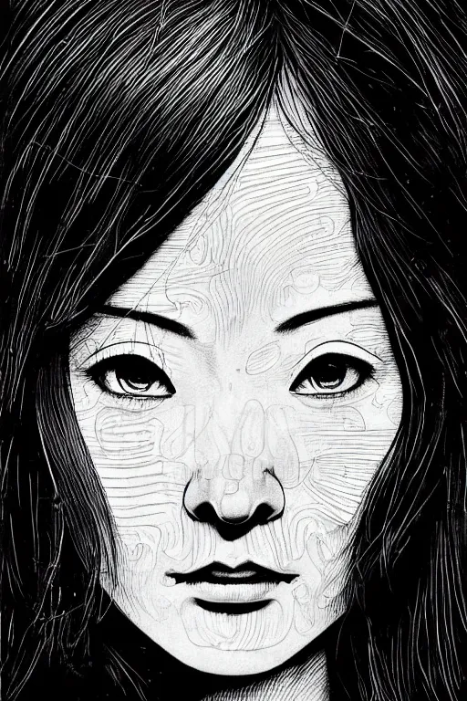 Image similar to beautiful portrait of a woman, negative no not mona lisa pose, highly detailed ink illustration of a dark alley of taipei, b & w clean shaped illustration by kim jung gi, ric estrada, ron english and eiichiro oda