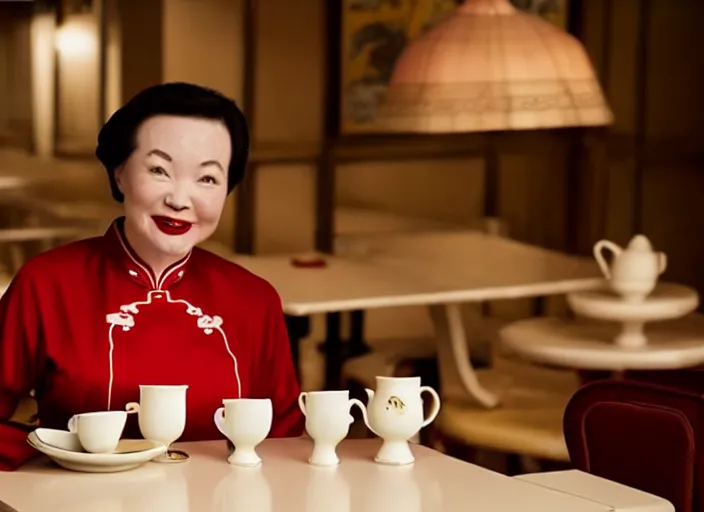 Image similar to movie still of a woman made out of porcelain sitting at a table in a cafe, wearing a red cheongsam, smooth white skin, creepy smile, tea set in foreground, directed by Guillermo Del Toro
