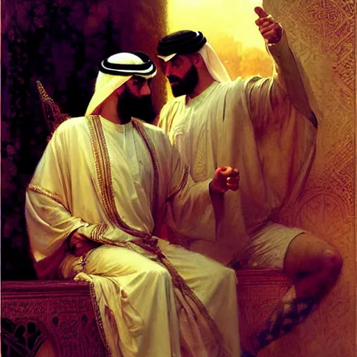 Prompt: attractive arab king in love with his attractive male prince. highly detailed painting by gaston bussiere, craig mullins, j. c. leyendecker