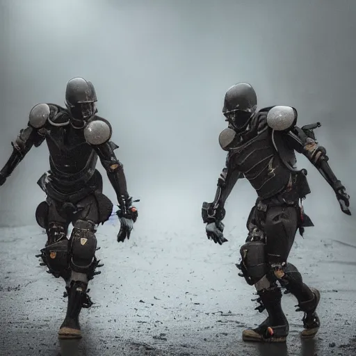 Image similar to 2 warriors in de exoskeletons battling each other in heavy rain, ground fog, moody lighting, 8 k, lightning, shallow depth of field, cinematic lighting,