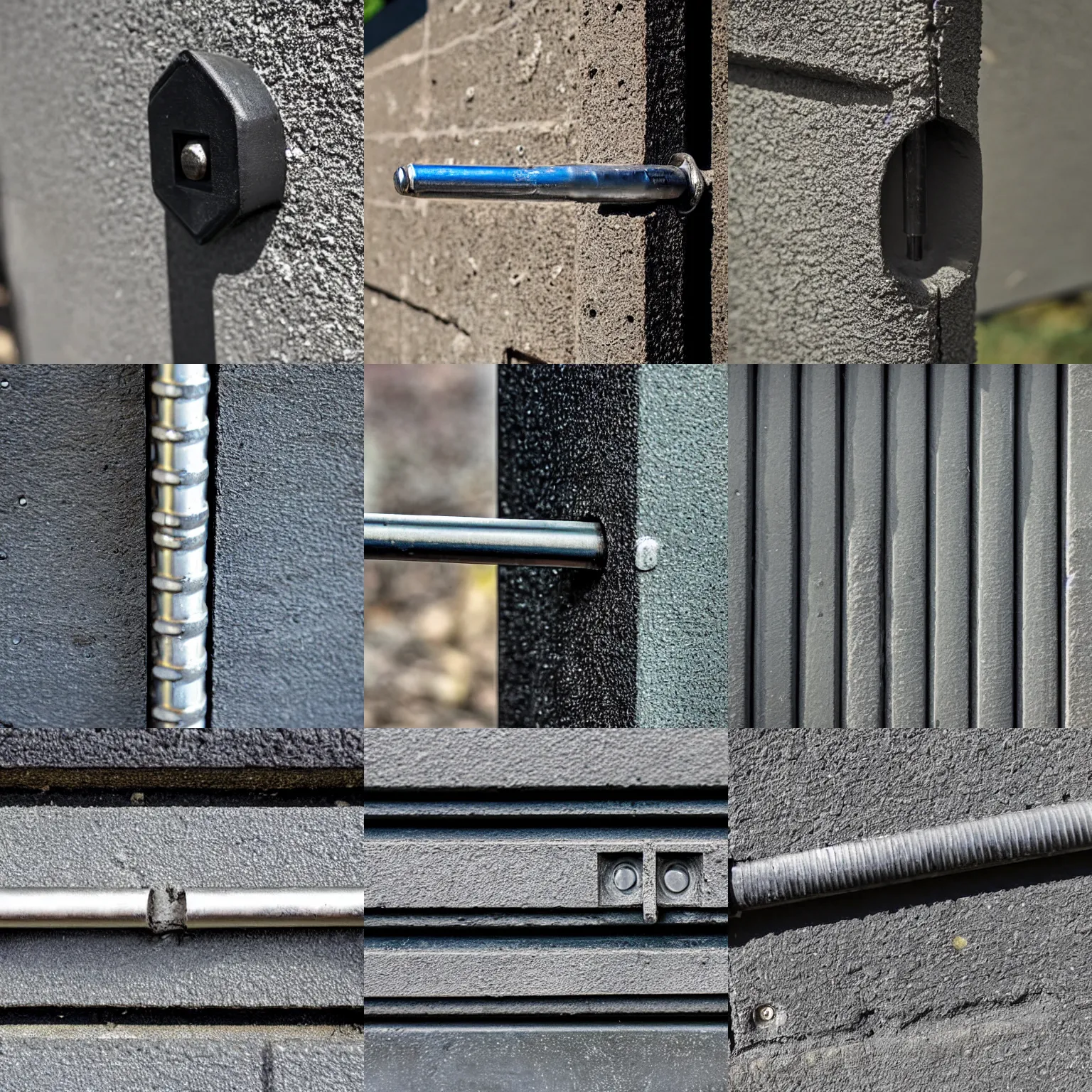 Prompt: A close-up of a long sliding bolt on the bottom of a black security gate, where the bolt has been lowered, but has missed the hole in the cement