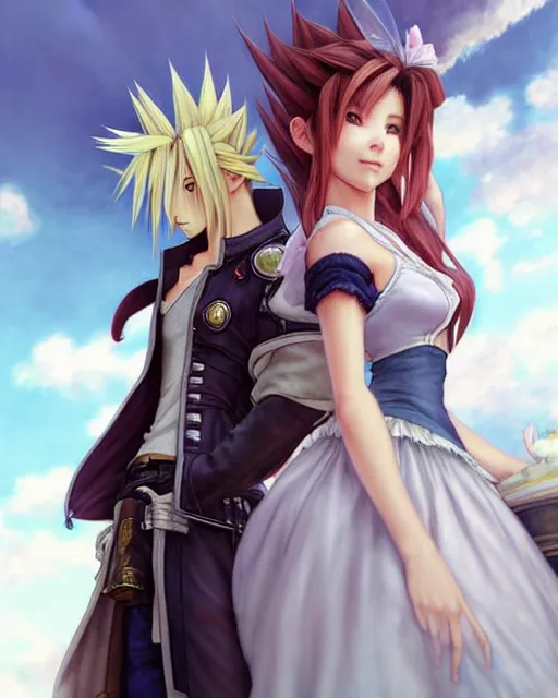 Image similar to character concept art of aerith gainsborough together with cloud strife at gold saucer, istinct - fine, key visual, realistic shaded perfect face, fine details by stanley artgerm lau, wlop, rossdraws, james jean, andrei riabovitchev, marc simonetti, sakimichan, and jakub rebelka, trending on artstation