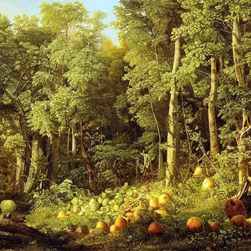 Image similar to forest full of fruits, epic beautiful detailed painting by ivan shishkin