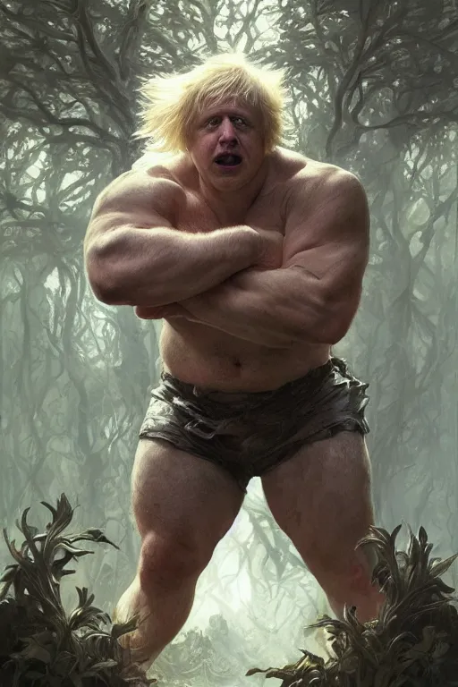 Image similar to portrait of boris johnson as a hulking herculean demon, forest, godlike, full body, fantasy, intricate, elegant, highly detailed, digital painting, artstation, concept art, sharp focus, illustration, art by artgerm and greg rutkowski and alphonse mucha