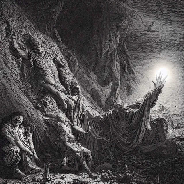 Image similar to etching by Franklin Booth and Gustav Doré showing frightened sorcerer in the desert by night, surrounded by nightmares in the shadows, mystic athmosphere, by Greg Rutkowski, deformed rocks, snakes, scorpions, UHD, 8K,