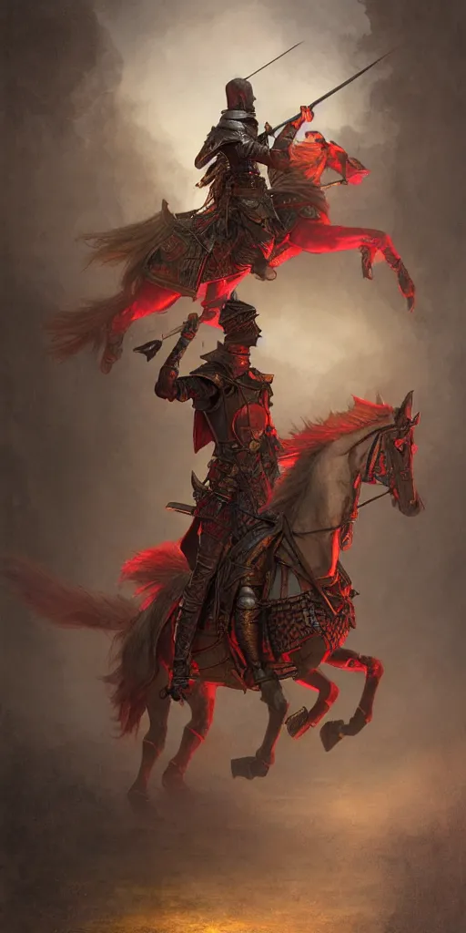 Prompt: fantasy male knight red plume, center focused, matte painting, neon, concept art, schematics, gnarly details painted by tom bagshaw, norman rockwell, mucha, james gurney, high detail, denoised, sharp, architectural