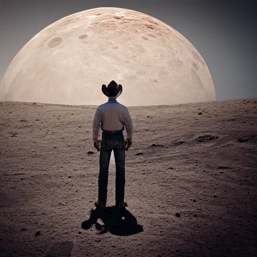 Image similar to cowboy standing on the moon, looking up at earth among the stars, photorealistic, octane render, blender render, unreal engine, 3 5 mm