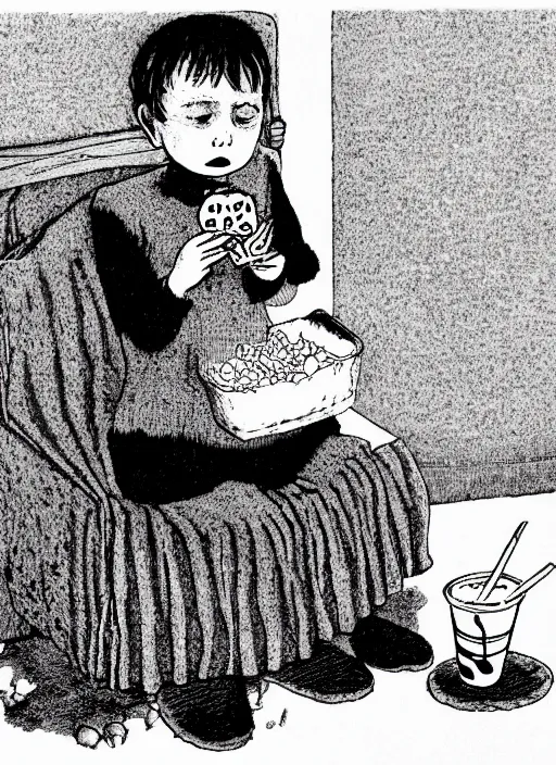 Prompt: child eating mcdonald's, by edward gorey