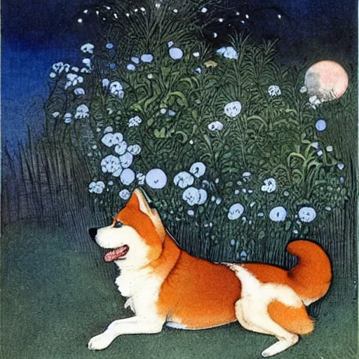 Image similar to red akita inu dog in a moonlit garden, by warwick goble and kay nielsen