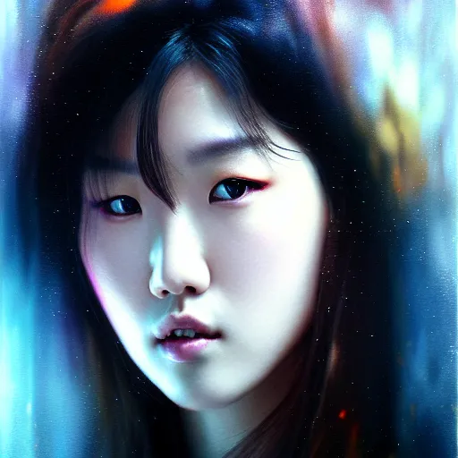 Image similar to roseanne park of blackpink, hyperrealistic portrait, bladerunner street, by karol bak and agnes cecile, fantasy art, photo realistic, dynamic lighting, artstation, poster, volumetric lighting, very detailed face, intricate complexity, 8 k, award winning