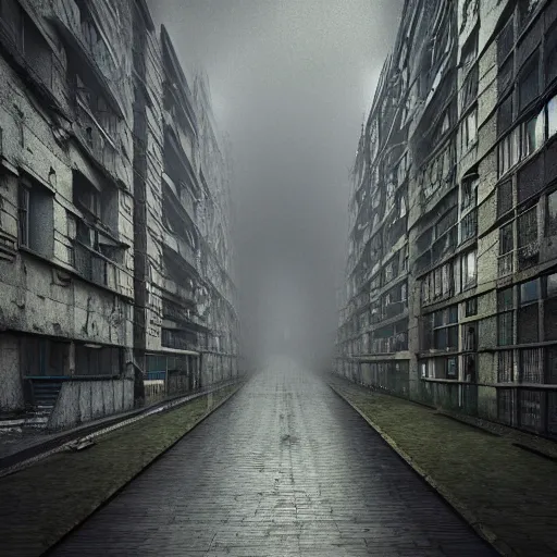 Prompt: Magical dragon on a rainy street, Soviet town, mass housing, Soviet five-story panel buildings, brutal concrete architecture, lush vegetation, foggy, post-processing, in the style of Hugh Ferriss, Behance. High detail, ultra realistic render, octane, 3D, photorealism, symmetric, cinematic