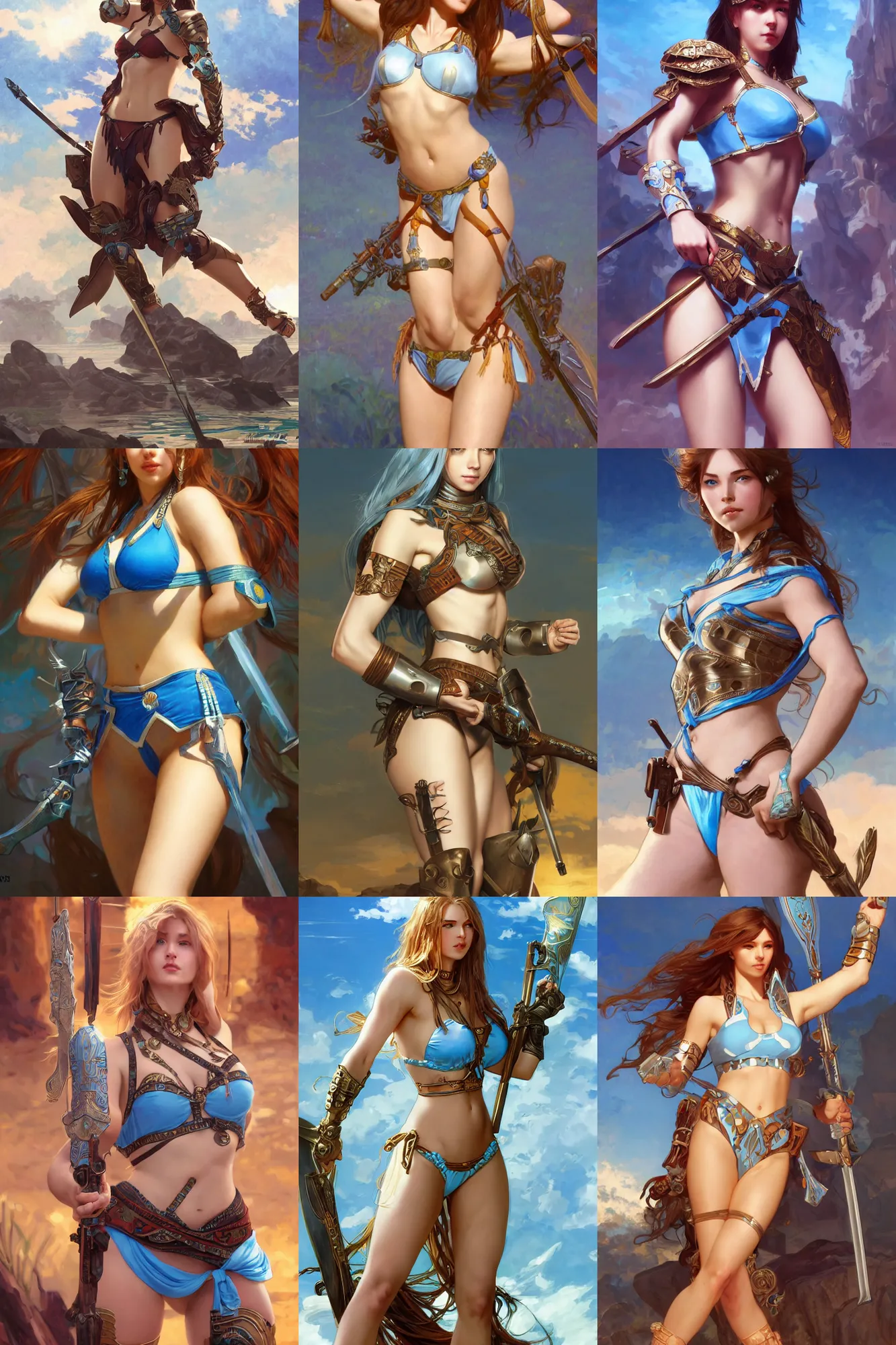 Prompt: very beautiful warrior in bikini armor, full body, sky blue eyes, full round face, mid - shot, highly detailed, cinematic wallpaper by stanley artgerm lau, alphonse mucha, ilya kuvshinov