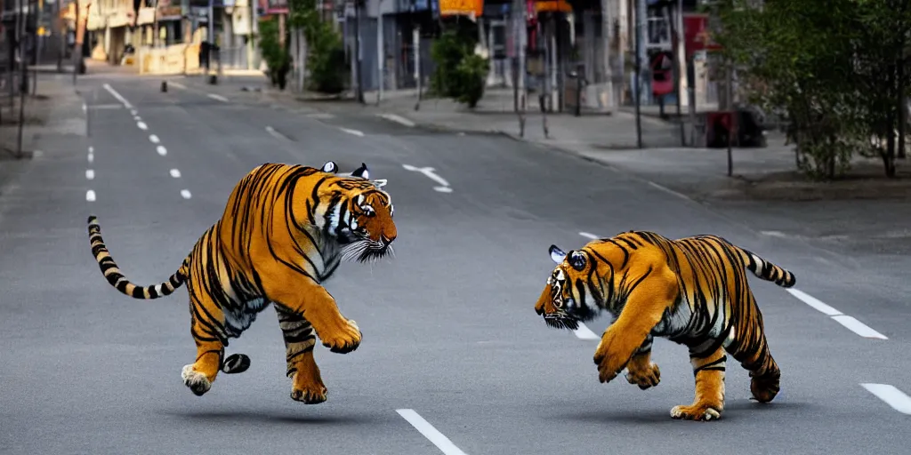 Prompt: tiger king in full speed in a empty street, kieth thomsen