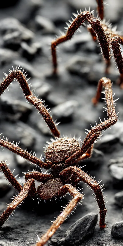 Image similar to professional photo shot of an alien spider made of silica crystal spikes, melted with rocks in the background, microscopic picture, grimy, gritty, trending on artstation, award winning, close shot, by aleks labuda and barry webb