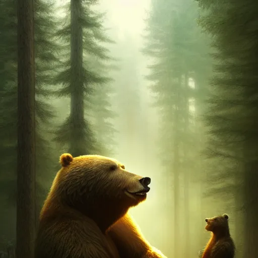 Image similar to a giant humanoid bear singing on a stage in a forest, digital art, detailed face, highly detailed, calm, deviantart, art by greg rutkowski, artstation, natural lighting, dramatic