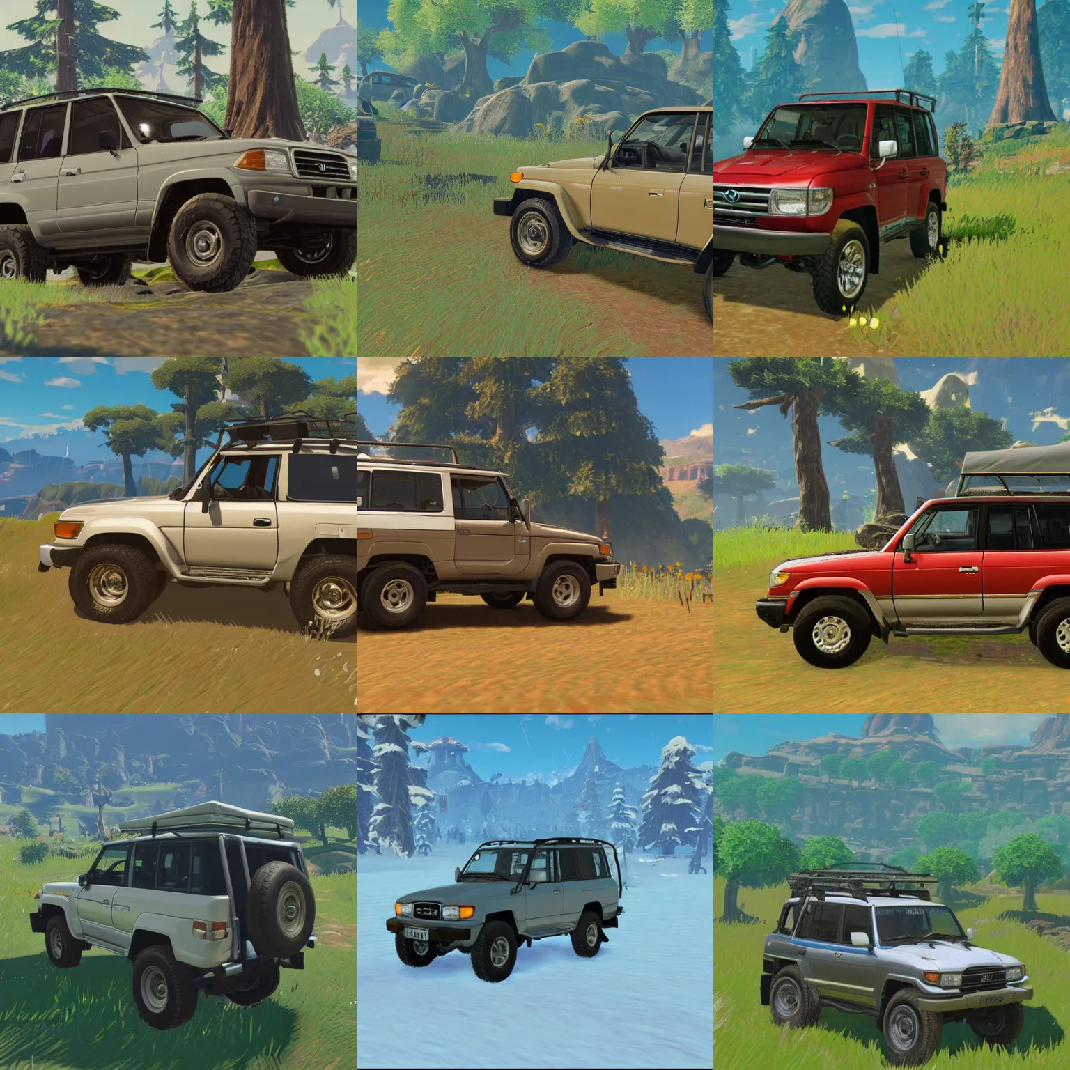 Prompt: 1 9 9 6 toyota landcruiser in zelda breath of the wild, 8 k, highly detailed