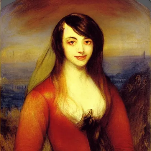 Prompt: morgana from fata morgana, smiling, painted by joseph mallord william turner, portrait