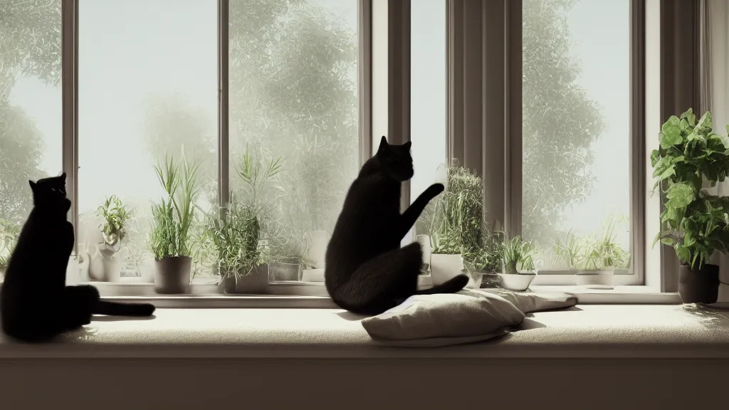 Image similar to peaceful dreamy photograph of a beautiful young woman sitting with her black cat, detailed face, sunshine coming through the window, small plants on the window sill, 8k, hyper realism, trending on artstation, octane render, dynamic lighting