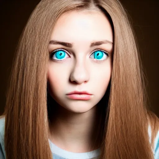 Prompt: brunette with dyed blonde hair, 18 years old, 155 cm tall, flat ironed hair, green big eyes, small nose, small mouth, round shaped face, big forehead, lop eared, full body shot, thin eyebrows, real life photograph