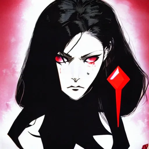 Image similar to beautiful pale - skinned goth girl with a red diamond on her forehead, yoji shinkawa