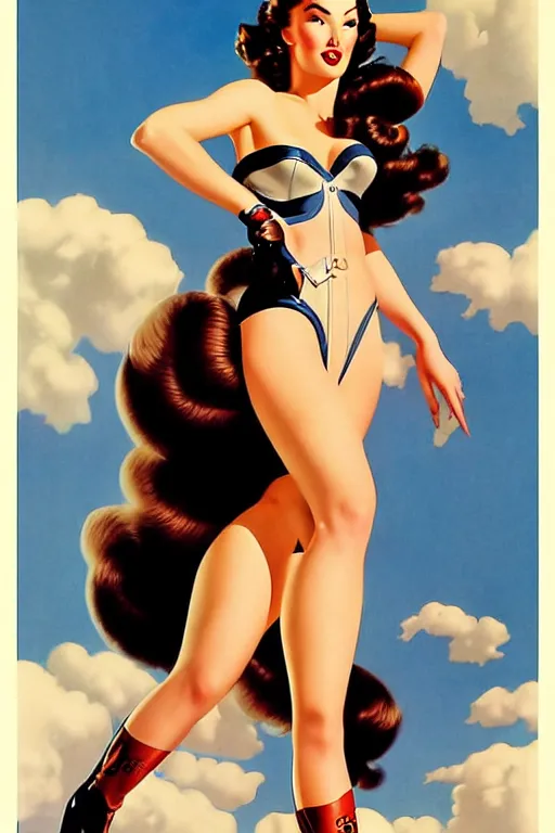 Image similar to beautiful megan fox retro future varga girl, windblown dark hair, retro pinup model, seductive, 1 9 4 0, glamour pose, intricate, hyper detailed, digital art, smooth, sharp focus, alberto vargas, gil elvgren, greg rutkowski