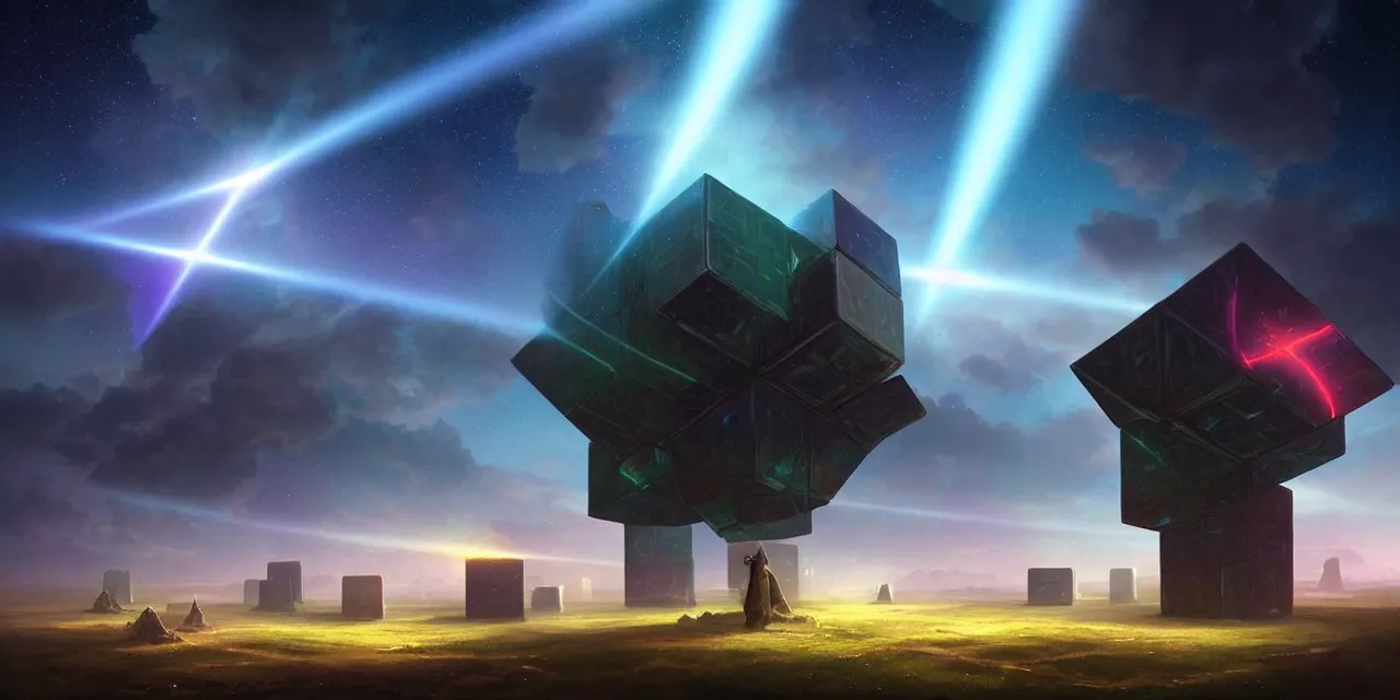 Image similar to a fleet of giant glowing futuristic cubes tied to each other with light beams in the sky, a fantasy magical landscape seen in the distance, atmospheric lighting, intricate, volumetric lighting, beautiful, sharp focus, ultra detailed, in the art style of marc simonetti, bowater charlie and brom gerald, astrophotography