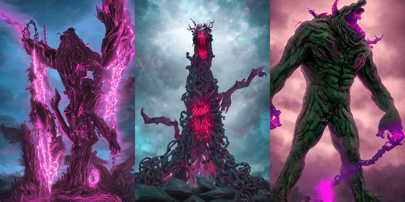 Prompt: Giant demonic abomination statue. Howling. Enchained, chains, restrained. Bloom, volumetric lighting. Magenta, cyan. Fantasy, digital painting, HD, 4k, detailed, vibrant.