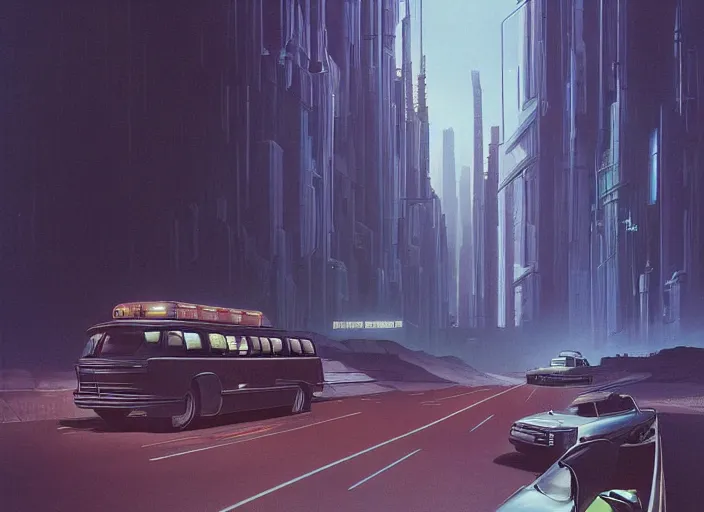 Image similar to a car bus driving down a street next to tall Forest-1 the night, cyberpunk art by Chesley Bonestell, cgsociety, retrofuturism, matte painting, reimagined by industrial light and magic