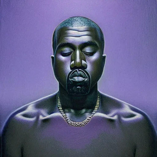 Image similar to kanye west as a zdzisław beksinski painting, surreal, godlike, neon purple shading