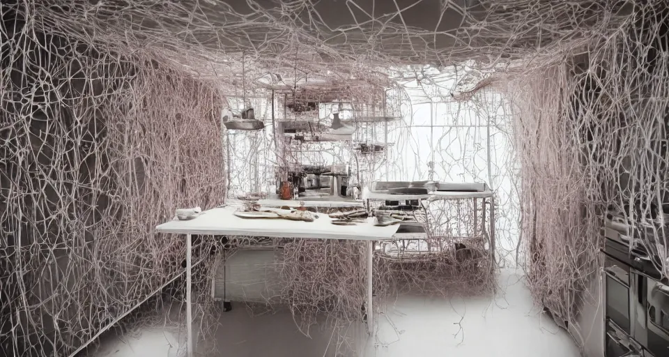 Prompt: IKEA catalogue photo of a futuristic kitchen on a spaceship, by Chiharu Shiota