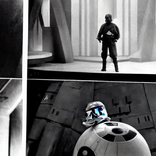 Image similar to Luke Skywalker attempts to stop the Death Star in the silent movie version of Star Wars (1921) by Fritz Lang, in front of a set reminiscent of Metropolis