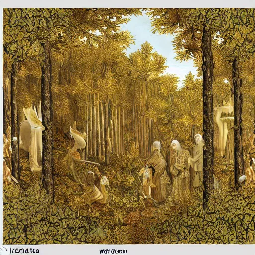 Image similar to a beautiful forest made of ivory and gold, highly intricate, digital art, very detailed, in the style of a flemish painting