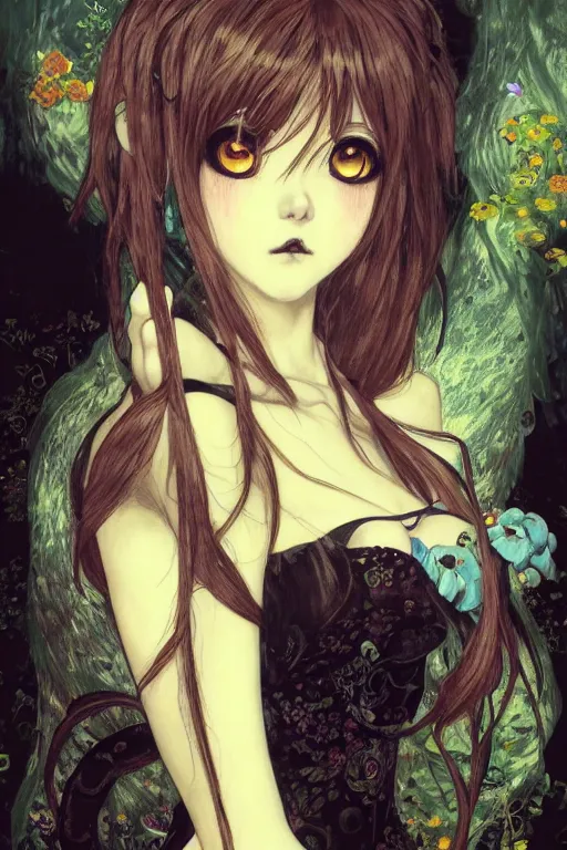 Image similar to portrait of beautiful young gothic anime maiden, cute-fine-face, pretty face, realistic shaded Perfect face, fine details. Anime, cyberpunk, Warhammer, highly detailed, artstation, illustration, art by Ilya Kuvshinov and Gustav Klimt and Gustav Klimt and Gustav Klimt and Gustav Klimt and Gustav Klimt and Gustav Klimt